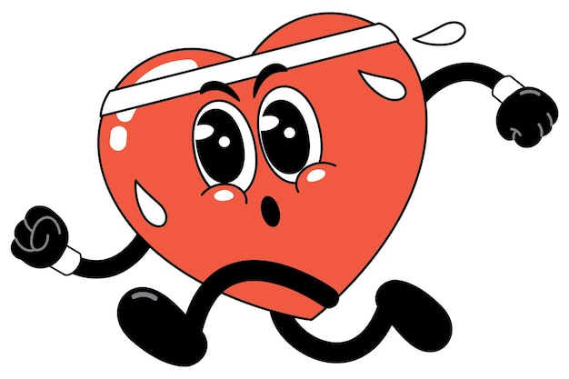 Un corazón que corre Una ilustración de dibujos animados retro de la aptitud y la salud