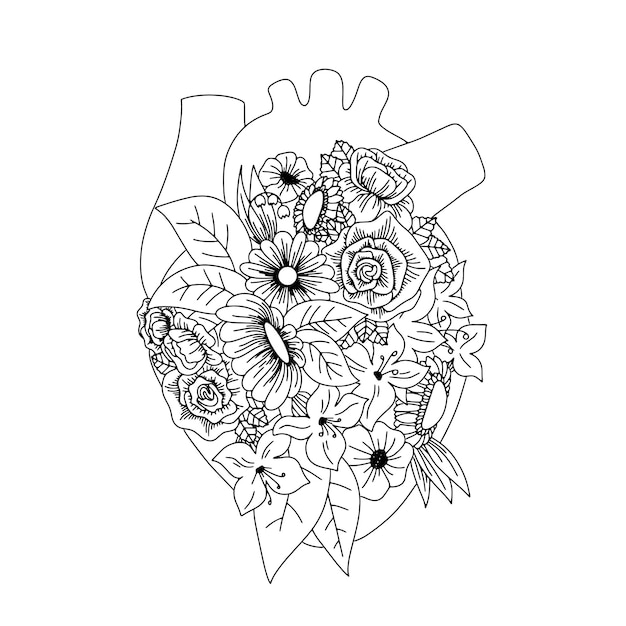 Corazón realista que consiste en flores, hojas y plantas. Imagen vectorial en blanco y negro.