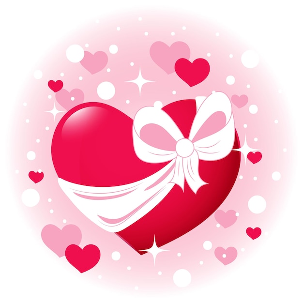 Corazón de regalo rojo dibujado a mano con lazo sobre fondo rosa para el Día de San Valentín