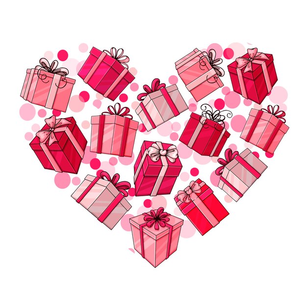 Corazón de regalos rosas. Cajas para las vacaciones. Objeto dibujado a mano. Aislado en blanco.