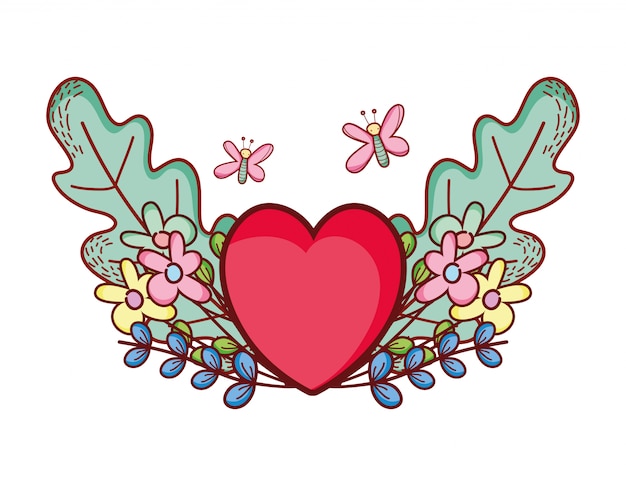 Vector corazón rojo amor mariposas flores dibujos animados