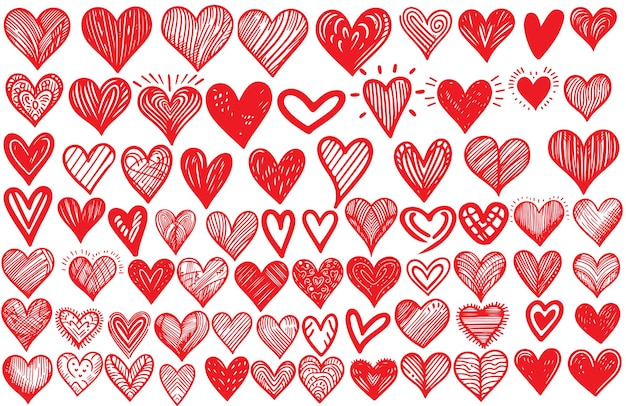 Corazón rojo dibujado a mano líneas garabateadas de amor conjunto icono de diseño de clipart diferentes elementos de corazones vector