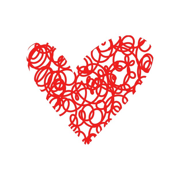 Corazón rojo festivo abstracto sombreado aislado sobre un fondo blanco dibujado a mano