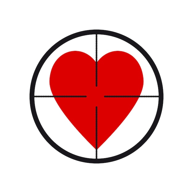 Corazón rojo en objetivo en icono blanco para ilustración vectorial de stock de diseño