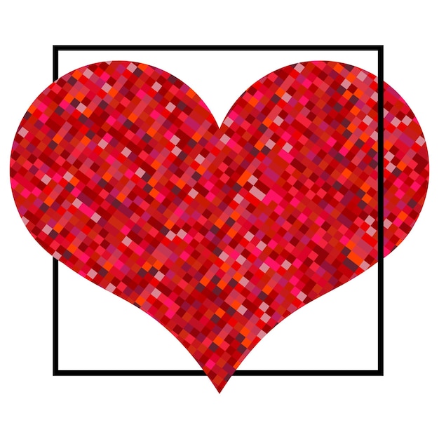 Corazón rojo de píxeles en cuadrado negro. Fondo del día de San Valentín sobre un fondo blanco. Símbolo del elemento de amor para la plantilla de boda.