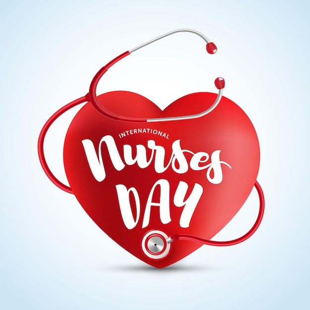 Vector corazón rojo realista y estetoscopio diseñados para el 12 de mayo, día internacional de la enfermera.