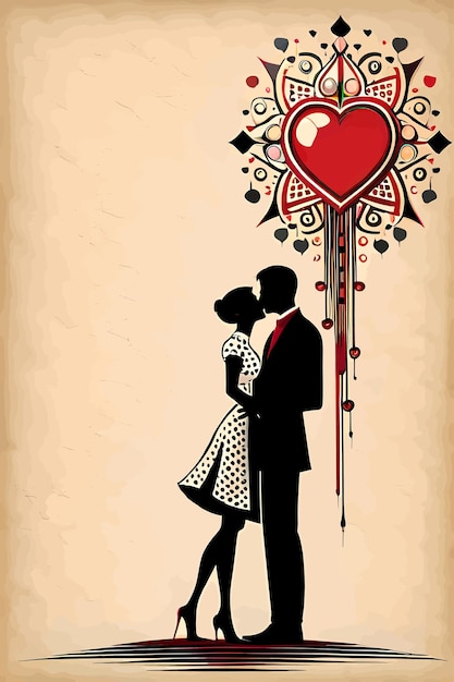 Vector corazón rojo y silueta de una pareja besándose estilo retro