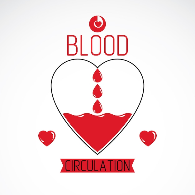 Corazón rojo vectorial con inscripción de circulación sanguínea. Metáfora de transfusión de sangre, emblema de atención médica para uso en farmacia.