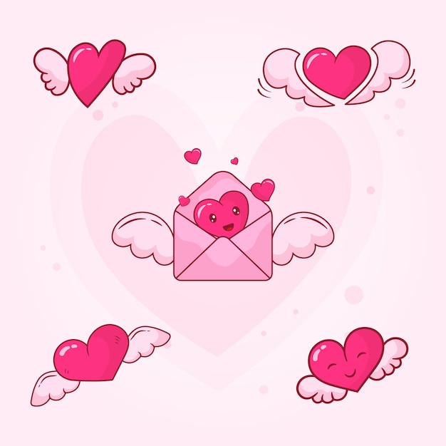 Un corazón rosa con alas de ángel y un corazón con corazones.