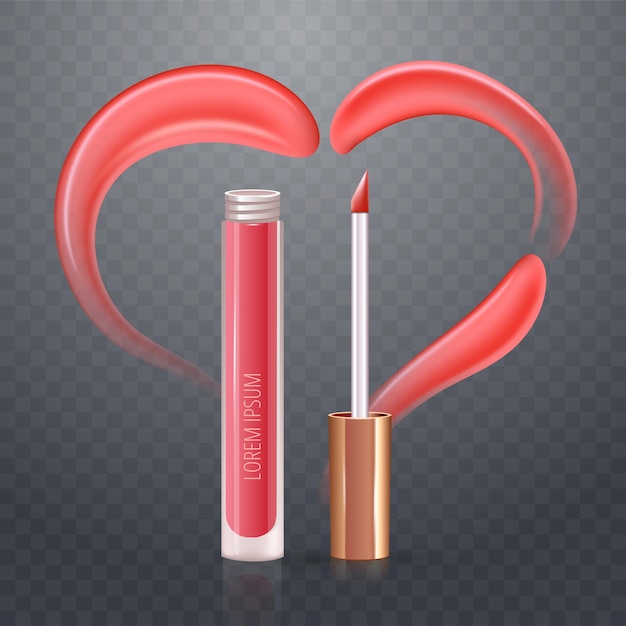 Vector corazón rosa de crema de vector realista o frotis de lápiz labial. fondo transparente a cuadros.