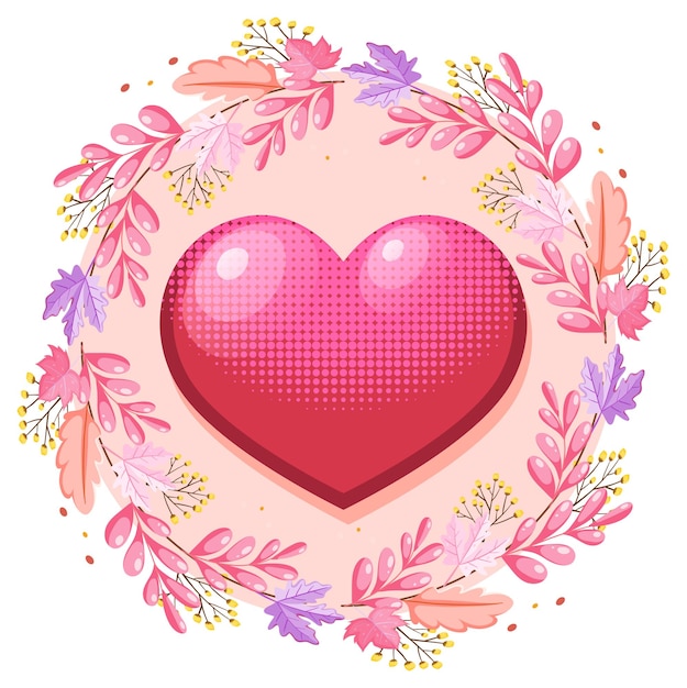 Vector corazón rosa degradado con borde ornamental de naturaleza rosa.