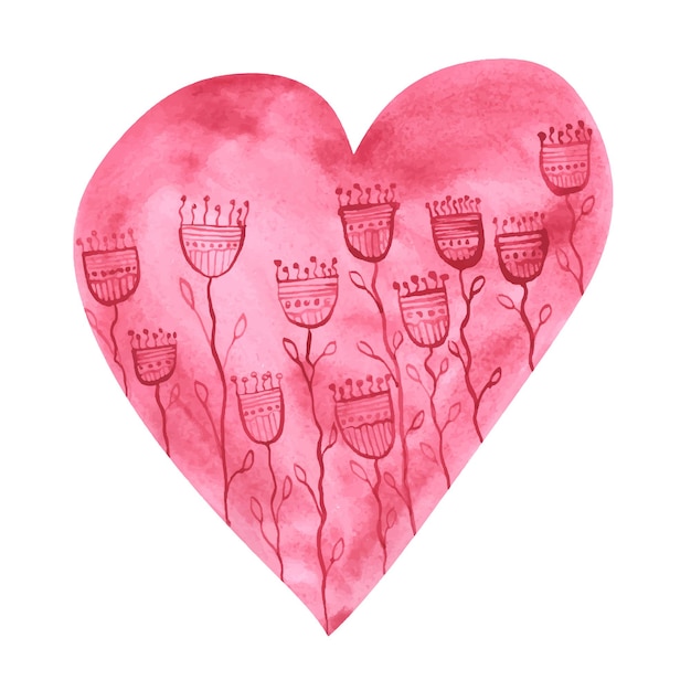 Corazón rosa con flores. bonitas ilustraciones del día de san valentín. tarjeta de felicitación romántica.