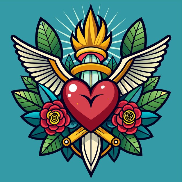 Vector corazón con rosas valentín amor rojo dibujado a mano personaje de dibujos animados pegatina icono concepto aislado