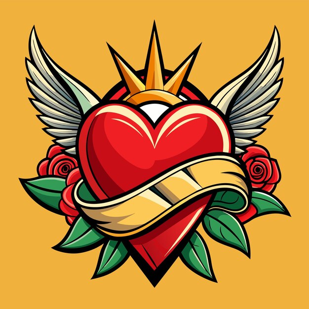 Vector corazón con rosas valentín amor rojo dibujado a mano personaje de dibujos animados pegatina icono concepto aislado