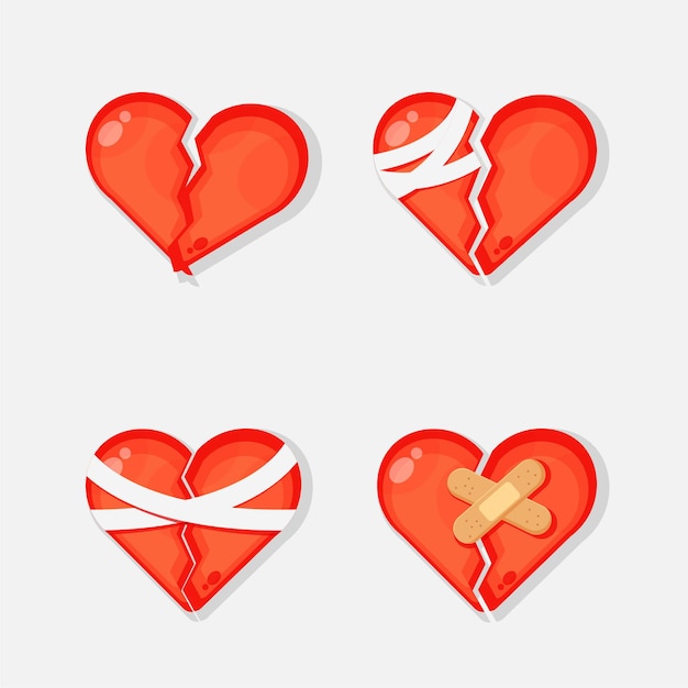 Vector corazón roto con conjunto de iconos de vendaje