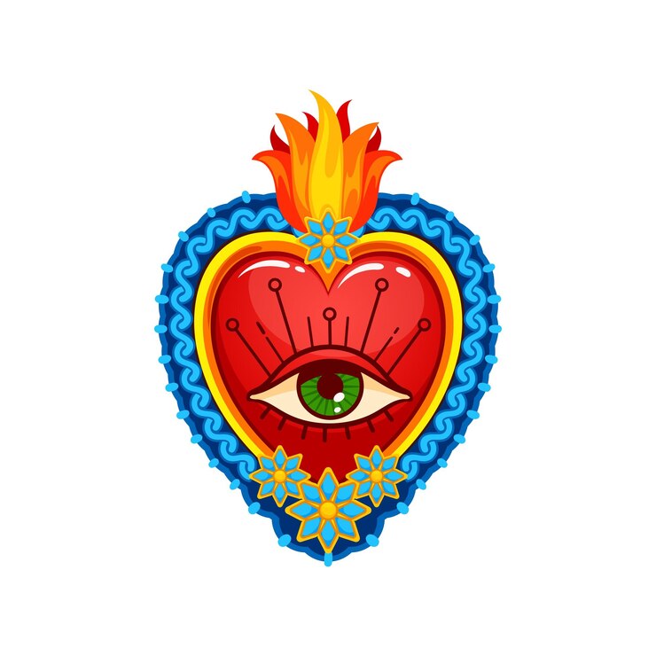 Vector corazón sagrado mexicano con fuego de ojos y flores