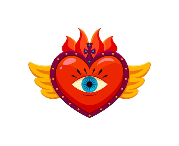 Vector corazón sagrado mexicano con ojo y alas icono retro