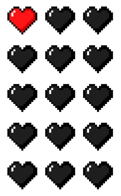 Corazón de San Valentín y adorno romántico en patrones sin fisuras de pixel art