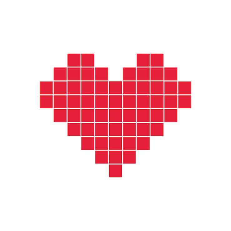 Vector corazón simple rojo de la ilustración de vector de piezas cuadradas de píxeles de mosaico