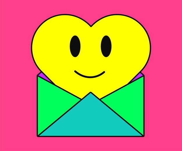 Vector corazón sonriente feliz en un sobre adhesivo o icono en estilo retro de los años 90 ilustración vectorial plana