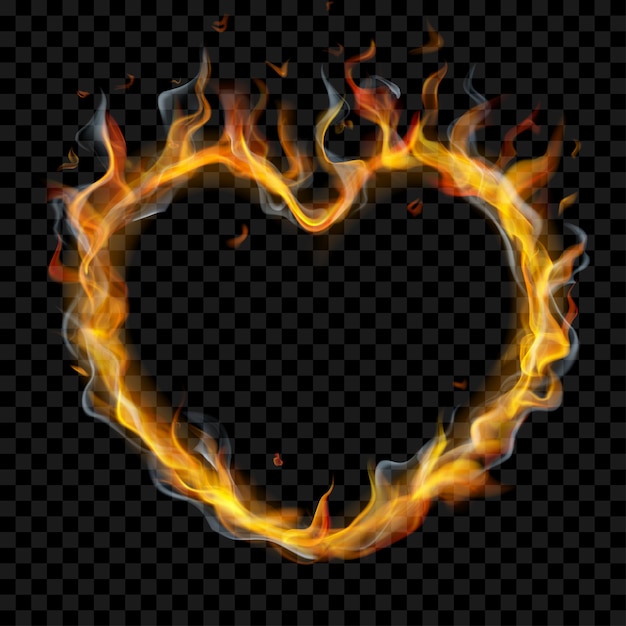 Corazón translúcido de llama de fuego con humo sobre fondo transparente. Para usar en fondos oscuros. Transparencia solo en formato vectorial