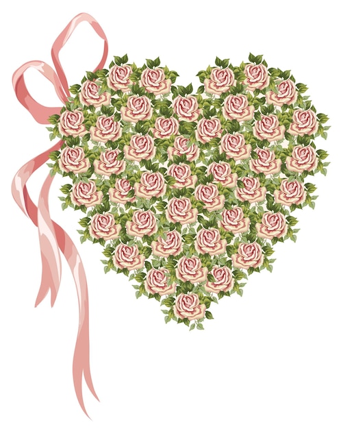 Vector corazón de vector de flores victorianas y lazo rosa