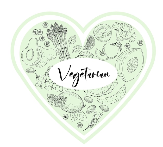 Vector corazón vegetariano con frutas y verduras