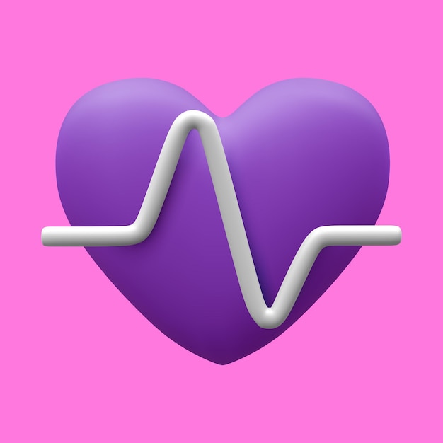 Corazón violeta realista en 3d con pulso blanco para aplicaciones médicas y sitios web Concepto de atención médica Pulso cardíaco línea de latidos cardíacos cardiograma Ilustración vectorial