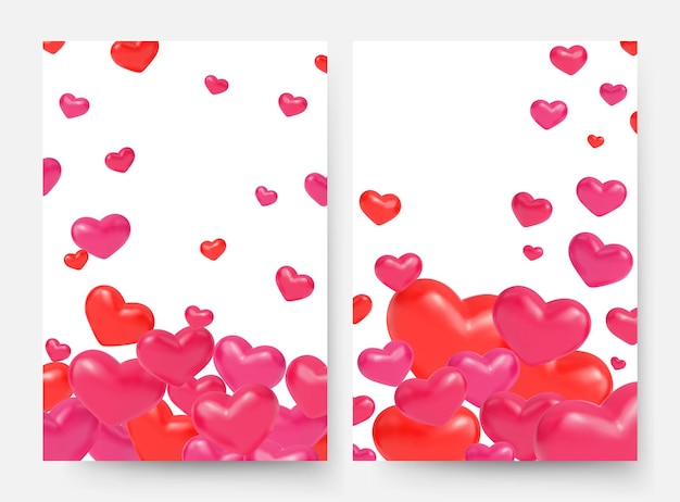 Corazones 3d rosas rojas plantilla de tarjetas de corazón volador cubiertas románticas aisladas o postales banners de amor con símbolos de romance conjunto de vectores