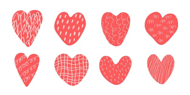 Corazones abstractos de moda en diferentes formas, adorables corazones modernos para el día de San Valentín, elementos de textura aislados sobre un fondo blanco, ilustración vectorial.
