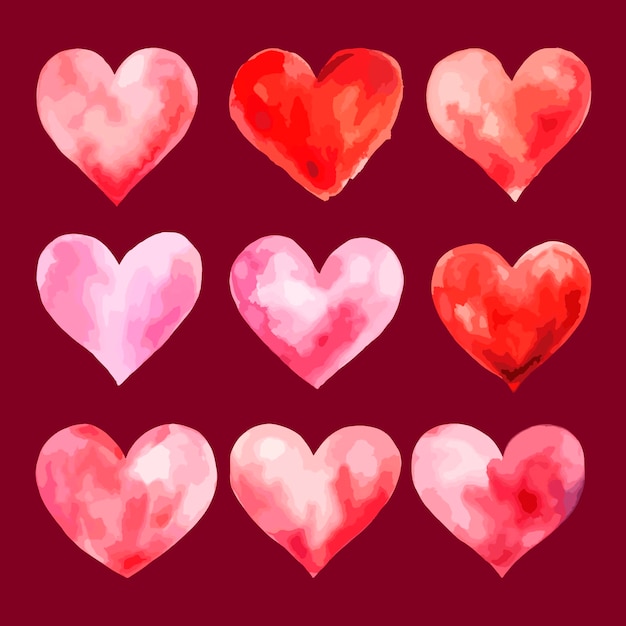 Corazones de acuarela en un conjunto de vectores de fondo rojo