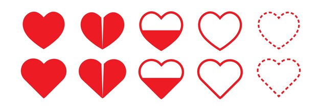Corazones aislados en blanco Corazones en lineal y plano Ícono de amor Signos o símbolos del día de San Valentín Ilustración vectorial