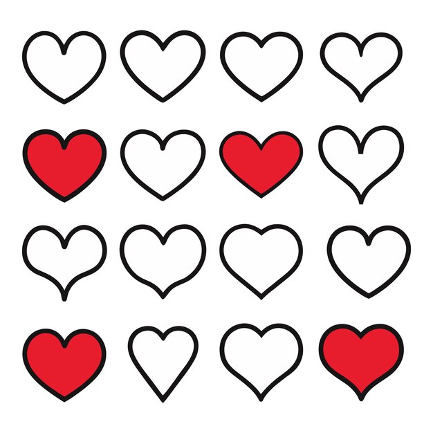 Corazones de amor dibujados a mano vectores de conjunto de forma y vectores de colección de corazones únicos y simples aislados