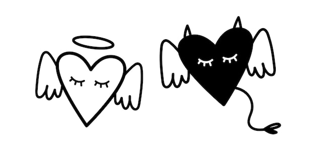 Corazones de ángel y diablo Ilustración vectorial Línea de arte en blanco y negro para el día de san valentín