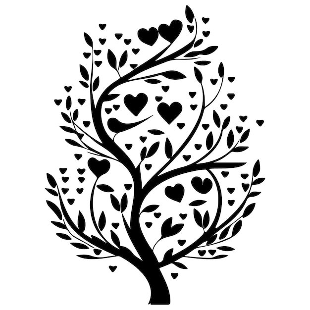 Vector corazones de árbol de san valentín y dos pájaros dibujo ilustrado dibujado a mano