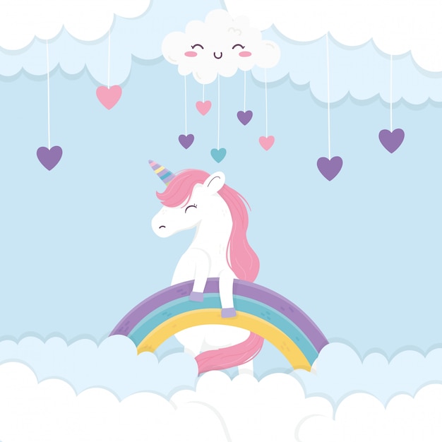 Corazones arcoiris unicornio fantasía magia dibujos animados