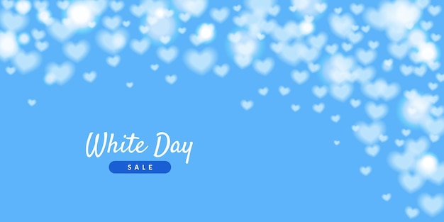 Vector corazones blancos borrosos sobre un fondo azul oferta del día blanco