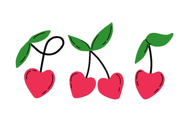 Corazones de cereza de moda dibujados a mano para gráficos vectoriales del día de san valentín