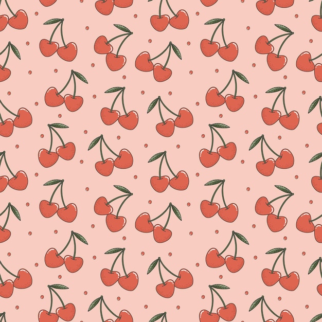 Corazones de cereza vector doodle de patrones sin fisuras sobre fondo rosa