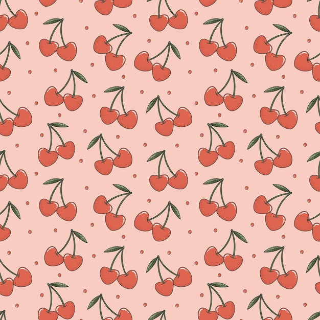 Corazones de cereza vector doodle de patrones sin fisuras sobre fondo rosa