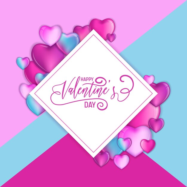 Corazones de colores 3d para el feliz día de San Valentín Diseño de letras dibujadas a mano, ilustración de vector de tarjeta de amor, folleto o cartel de fiesta de boda