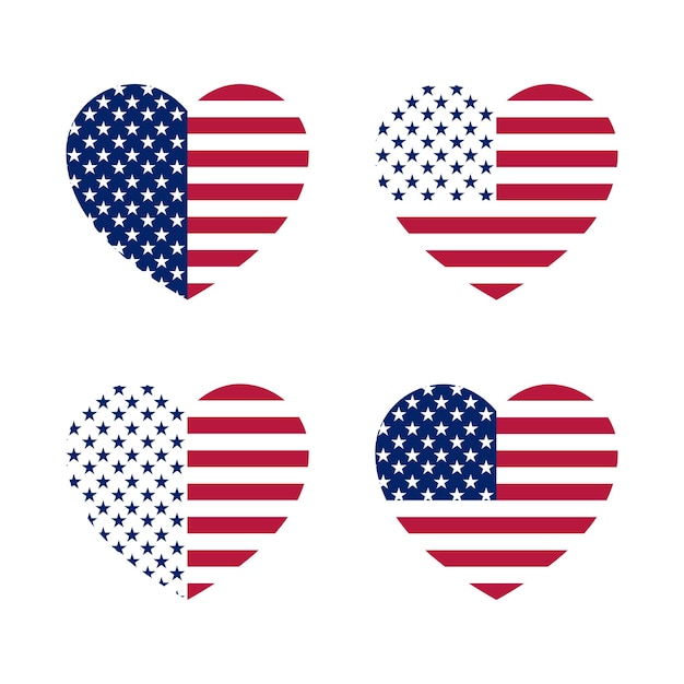 Corazones en los colores de la bandera de Estados Unidos. Siluetas simbólicas de corazones de estrellas y rayas.