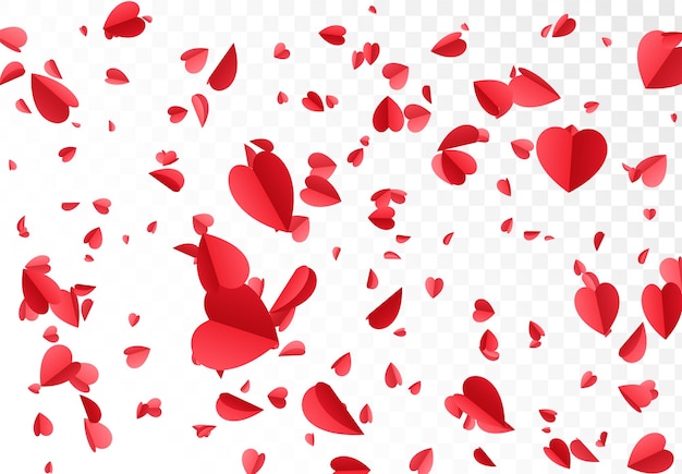 Vector corazones de confeti rojos y rosados que caen aislados sobre fondo transparente.