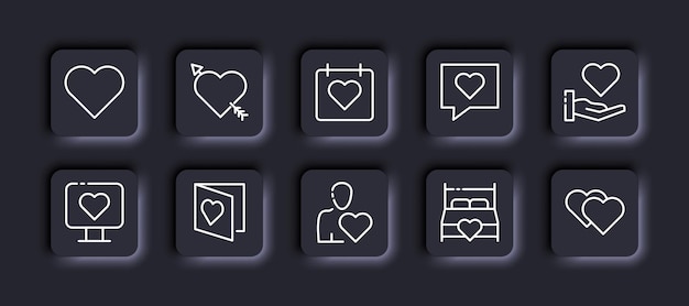 Corazones conjunto icono Cupidos flecha calendario conocer carta de amor mensaje mano computadora postal pareja matrimonio cama boda Relaciones concepto Neomorfismo estilo Vector línea icono para negocios