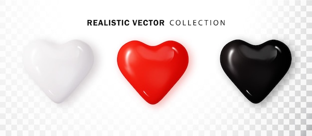Vector corazones conjunto realista 3d corazones brillantes blancos rojos negros símbolo amor en forma de corazón aislado objeto vectorial para la maqueta de diseño del día de san valentín