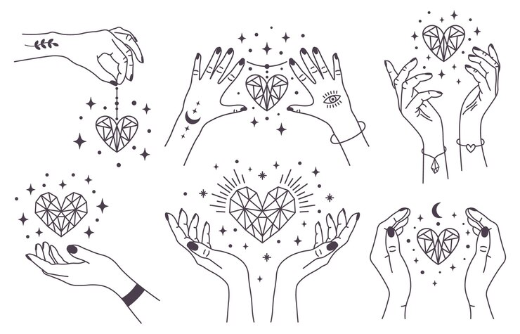 Vector corazones de cristal místico aislado en blanco