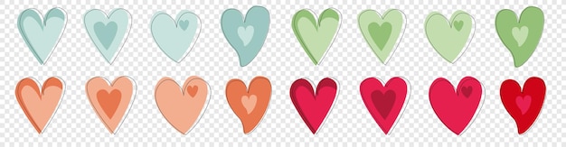 Vector corazones para el día de san valentín en un fondo transparente, coloridas figuras de corazones dibujadas a mano