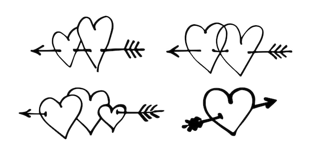 Corazones dibujados a mano perforados con flecha. Símbolo de amor. Doodle estilo ilustración del día de San Valentín. ilustración vectorial