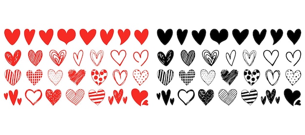 Corazones dibujados a mano Red Black Doodle Set Valentine Amor lindo estilo de icono forma blanco diseño feliz