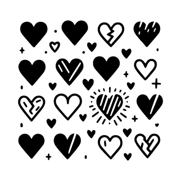 Corazones dibujados a mano sobre un fondo blanco limpio variedad de formas y tamaños